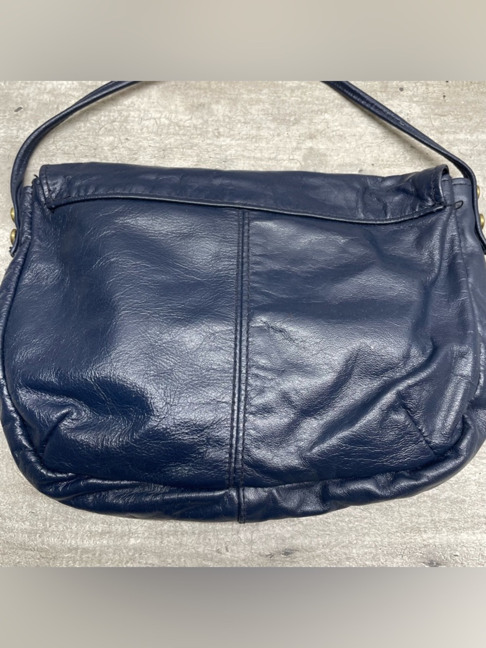 vintage Leather Crossbody Bag Womens Medium Navy Blue Good Soft Flap Brass - Picture 6 of 8
